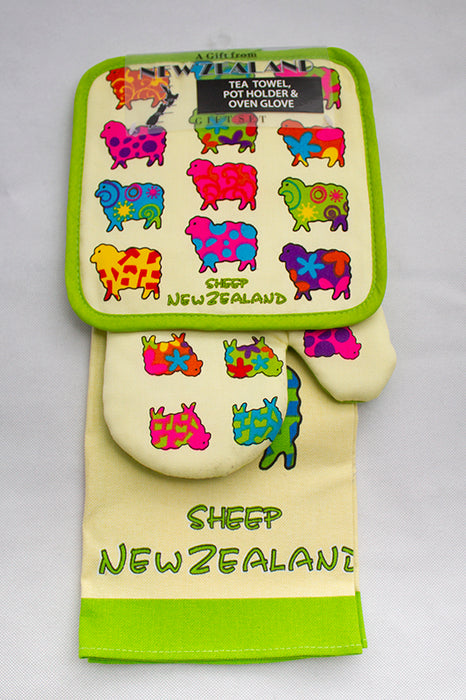 NZ Tea Towel, Pot Holder and Oven Glove Gift Set - Coloured Sheep