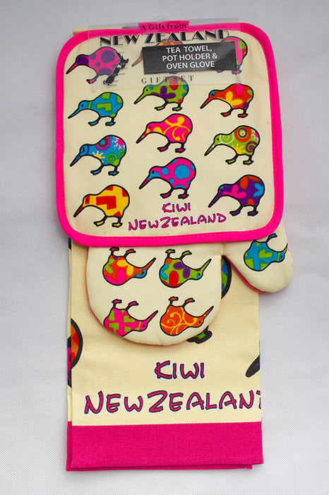 NZ Tea Towel, Pot Holder and Oven Glove Gift Set - Coloured Kiwi