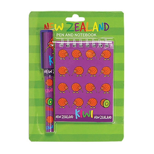NZ Pen and Notebook Set - Purple with Kiwi Design (on green card)