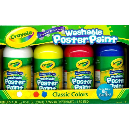 Crayola - Washable Poster Paint Pots 4 Classic Colours & Big Brush
