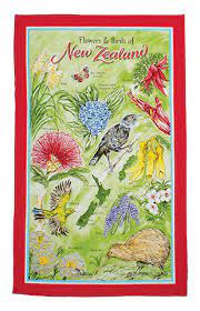NZ Tea Towel - NZ Flowers & Birds Red