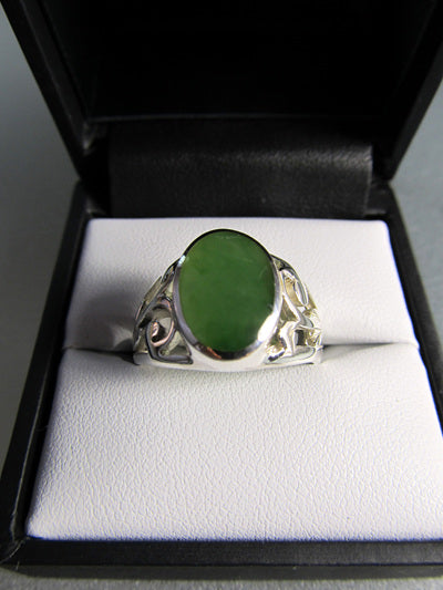 ManaNZ: Men's Oval Greenstone Ring with Koru Detail in Stirling Silver