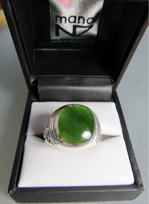 Mana NZ - Greenstone Ring Mens Square Cushion set in Stirling Silver R901
